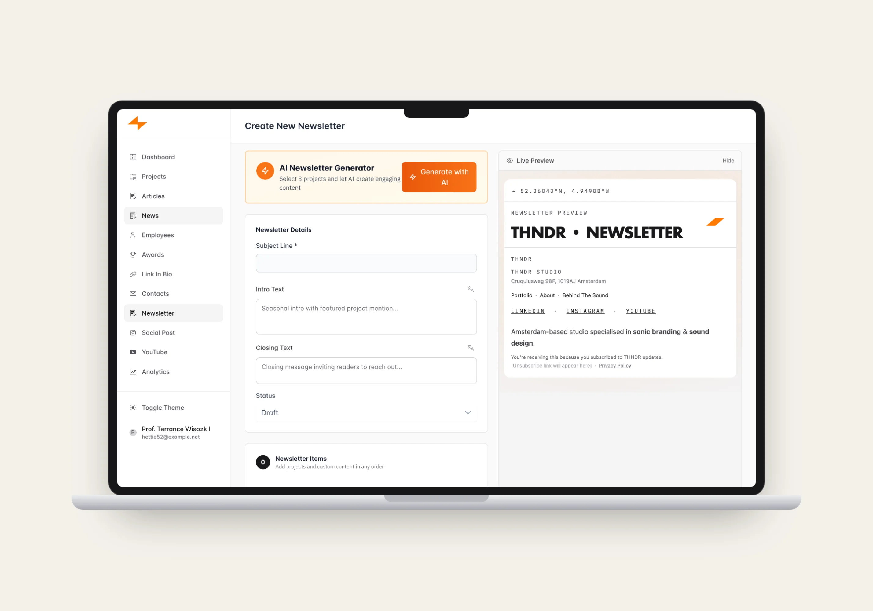 AI Newsletter Generator with live email preview